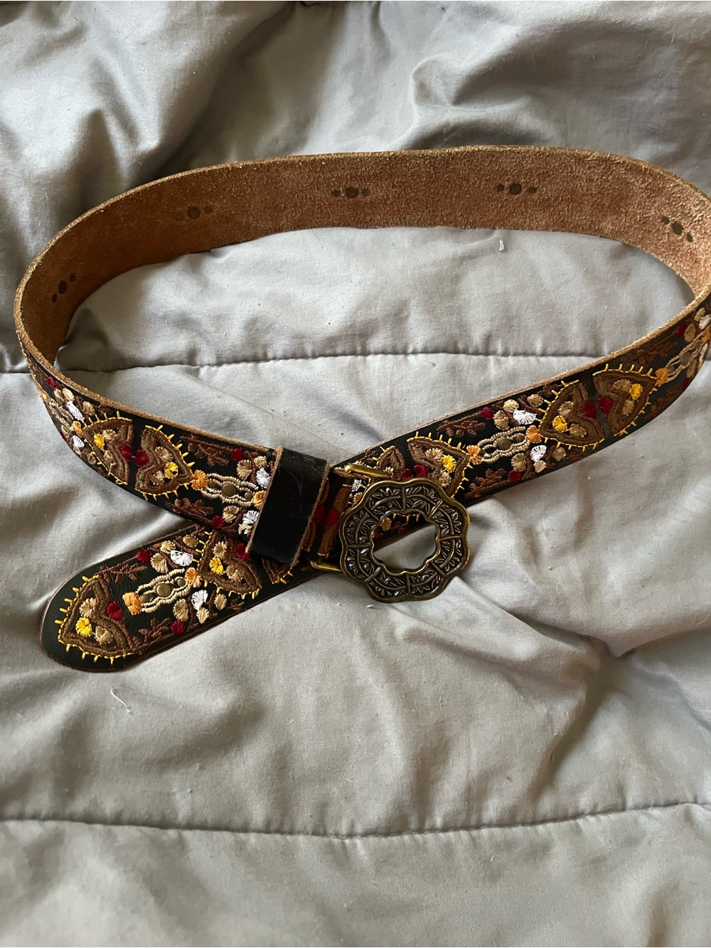 Lucky Brand Embroidered Floral Leather Belt with Decorative Buckle - Black/Brown